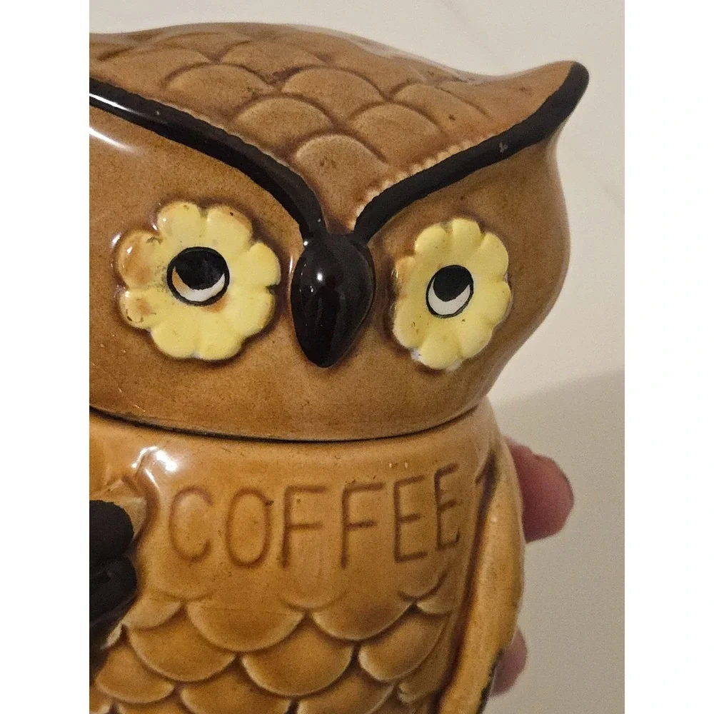 Vintage 70s Ceramic Brown Owl Coffee Canister Jar Retro Kitchen Decor Japan